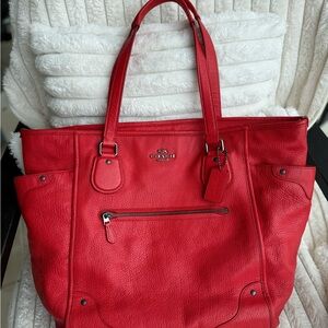 Coach Red Pebbled Leather Tote with Silver Hardware